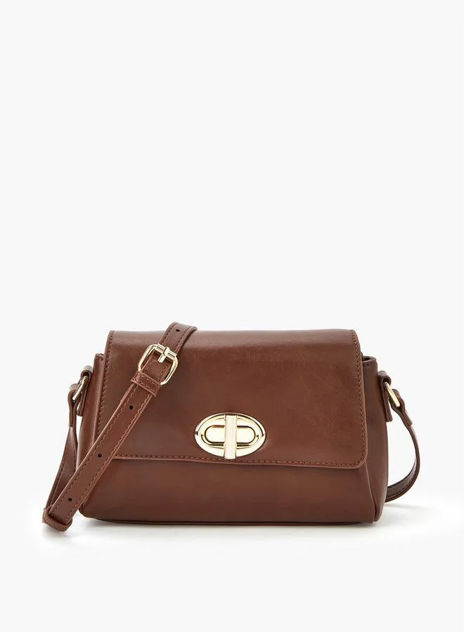 Solid Crossbody Bag with Adjustable Strap and Twist Lock Closure