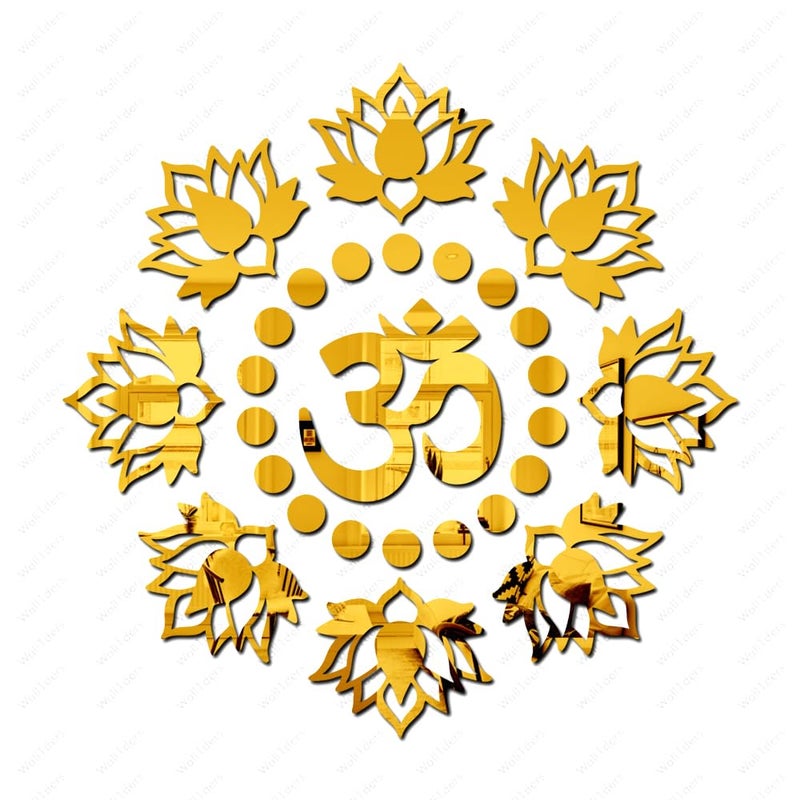 Wall1ders Om with 10 Lotus 20 Dots Golden Acrylic Mirror Wall stickers for Home Office