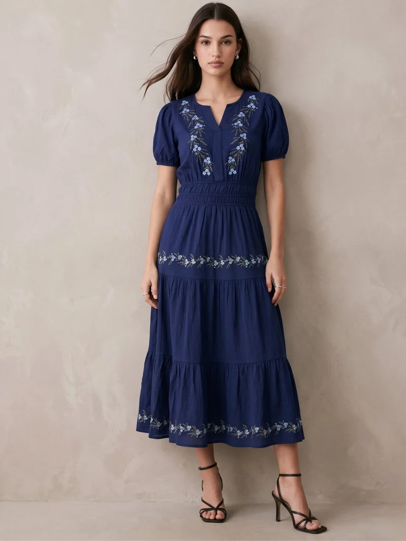 Navy Blue Embroidered V-Neck Short Sleeves Dress
