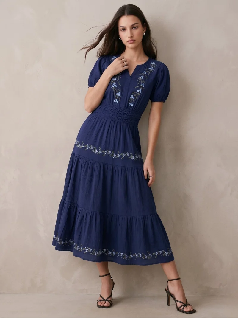 Outzidr navy blue Navy Blue Embroidered V-Neck Short Sleeves Dress for Women | Best Price UAE