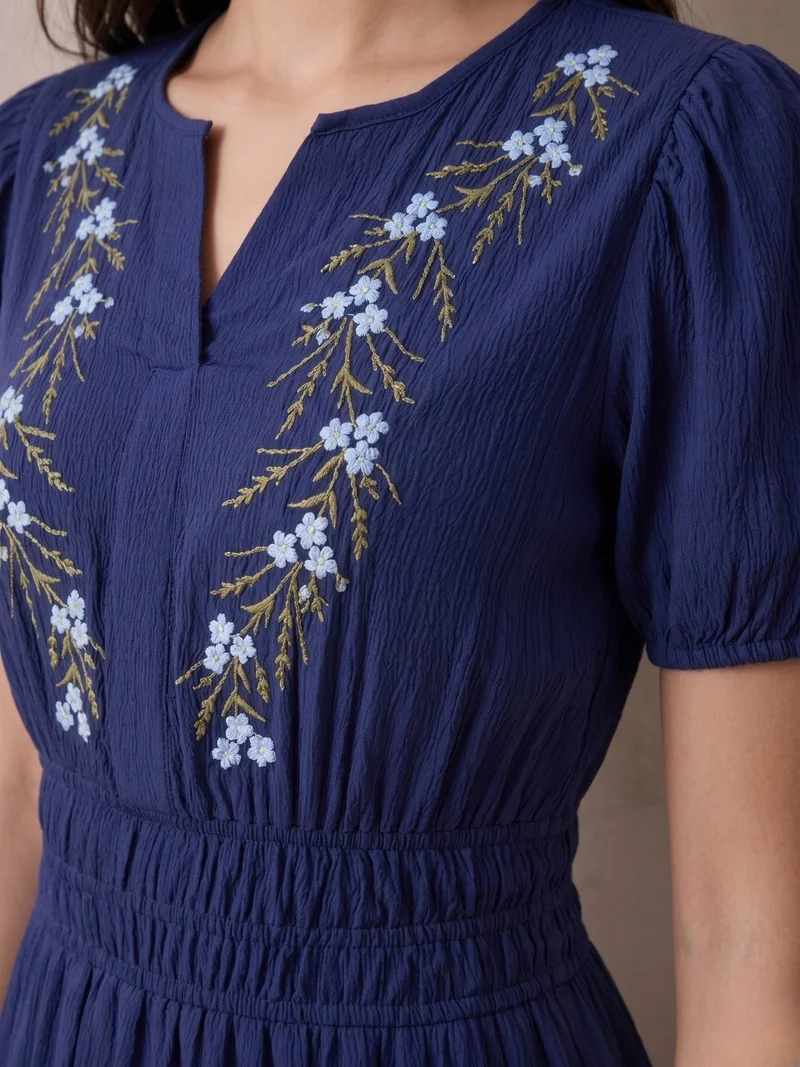 Outzidr navy blue Navy Blue Embroidered V-Neck Short Sleeves Dress for Women | Best Price UAE