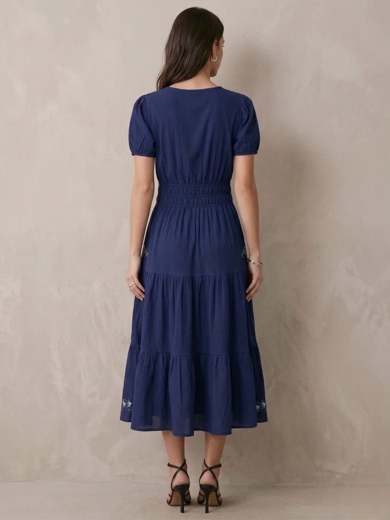 Outzidr navy blue Navy Blue Embroidered V-Neck Short Sleeves Dress for Women | Best Price UAE