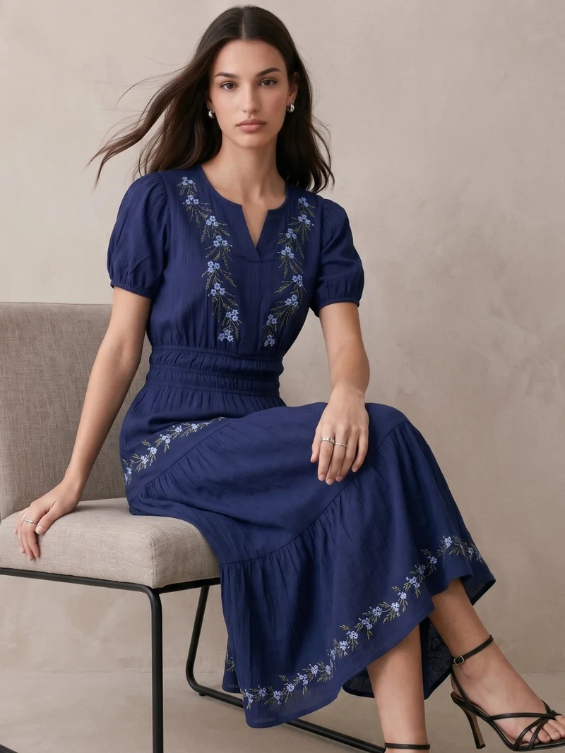 Outzidr navy blue Navy Blue Embroidered V-Neck Short Sleeves Dress for Women | Best Price UAE