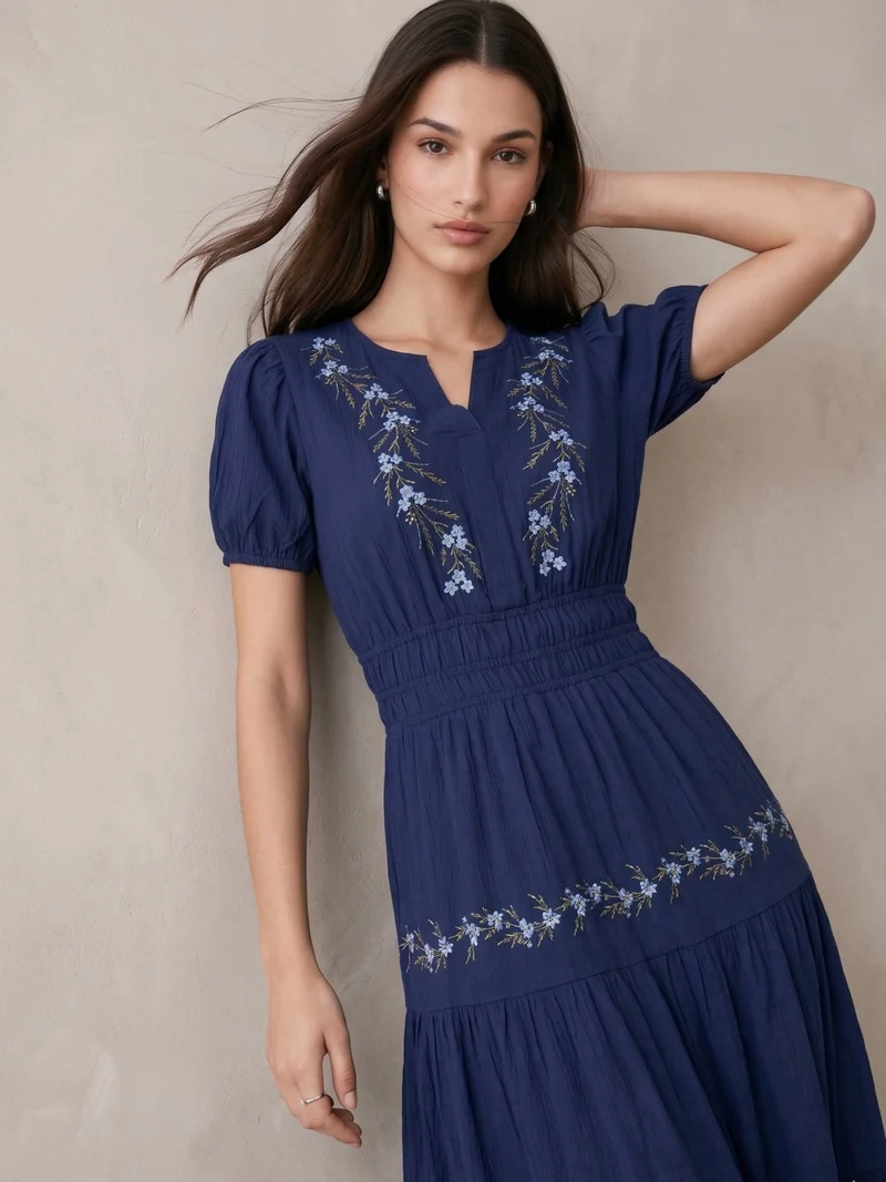 Outzidr navy blue Navy Blue Embroidered V-Neck Short Sleeves Dress for Women | Best Price UAE