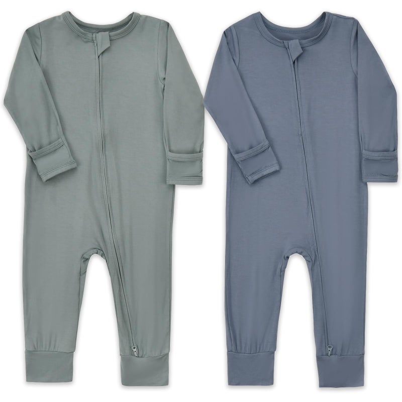 Aablexema Baby Footless Pajamas Zipper with Mitten, Rayon from Bamboo, Infant Long Sleeve Romper Pjs (US, Age, 12 Months, 18 Months, Olive & Moonlight Blue) - Image 1