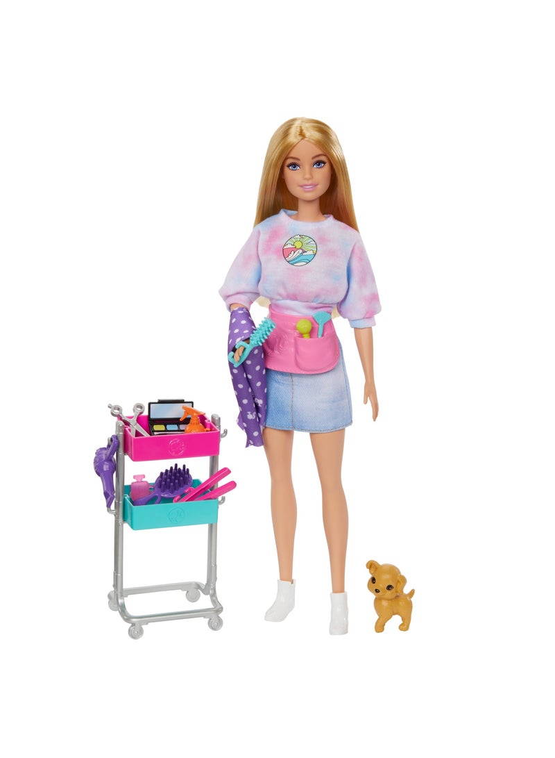 Barbie Malibu Stylist Doll & 14 Accessories Playset, Hair & Makeup Theme with Puppy & Styling Cart - Image 1
