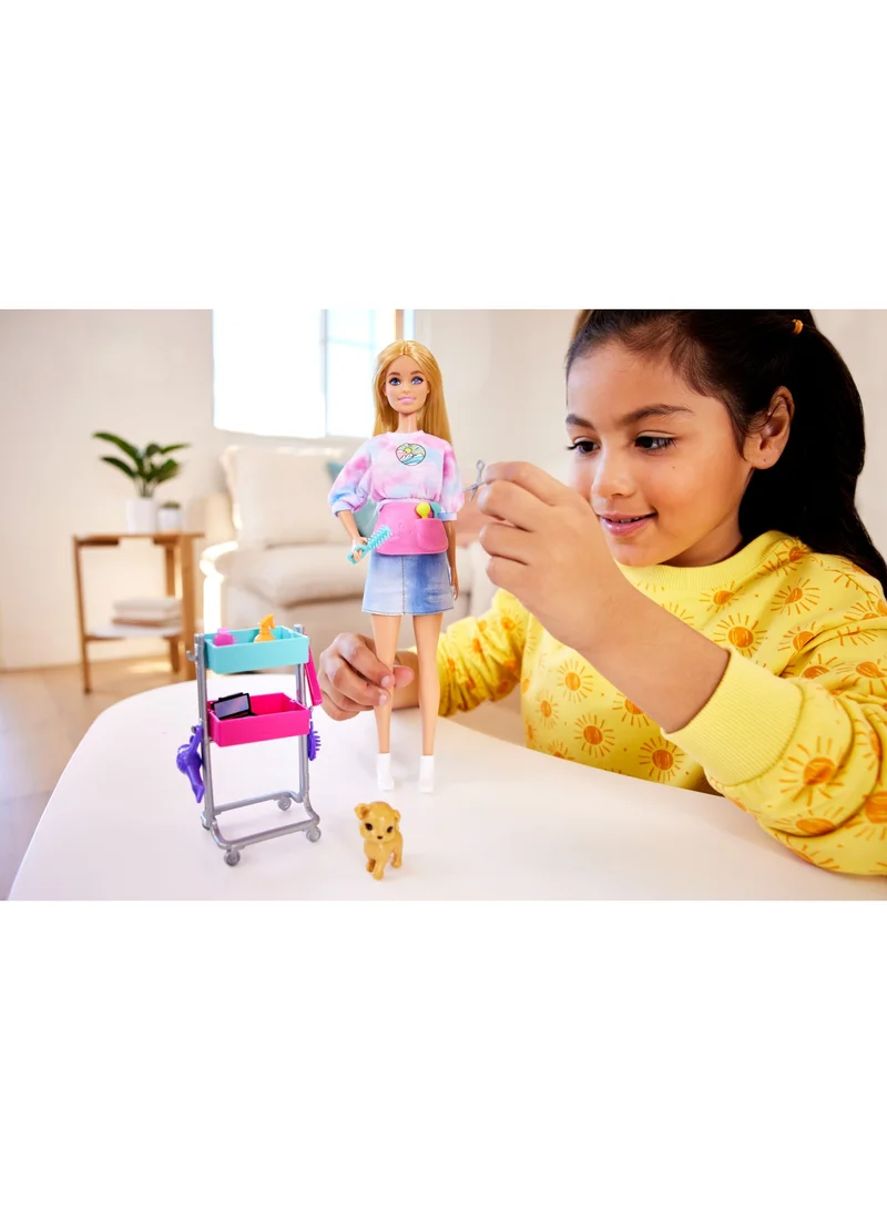 Barbie Malibu Stylist Doll & 14 Accessories Playset, Hair & Makeup Theme with Puppy & Styling Cart