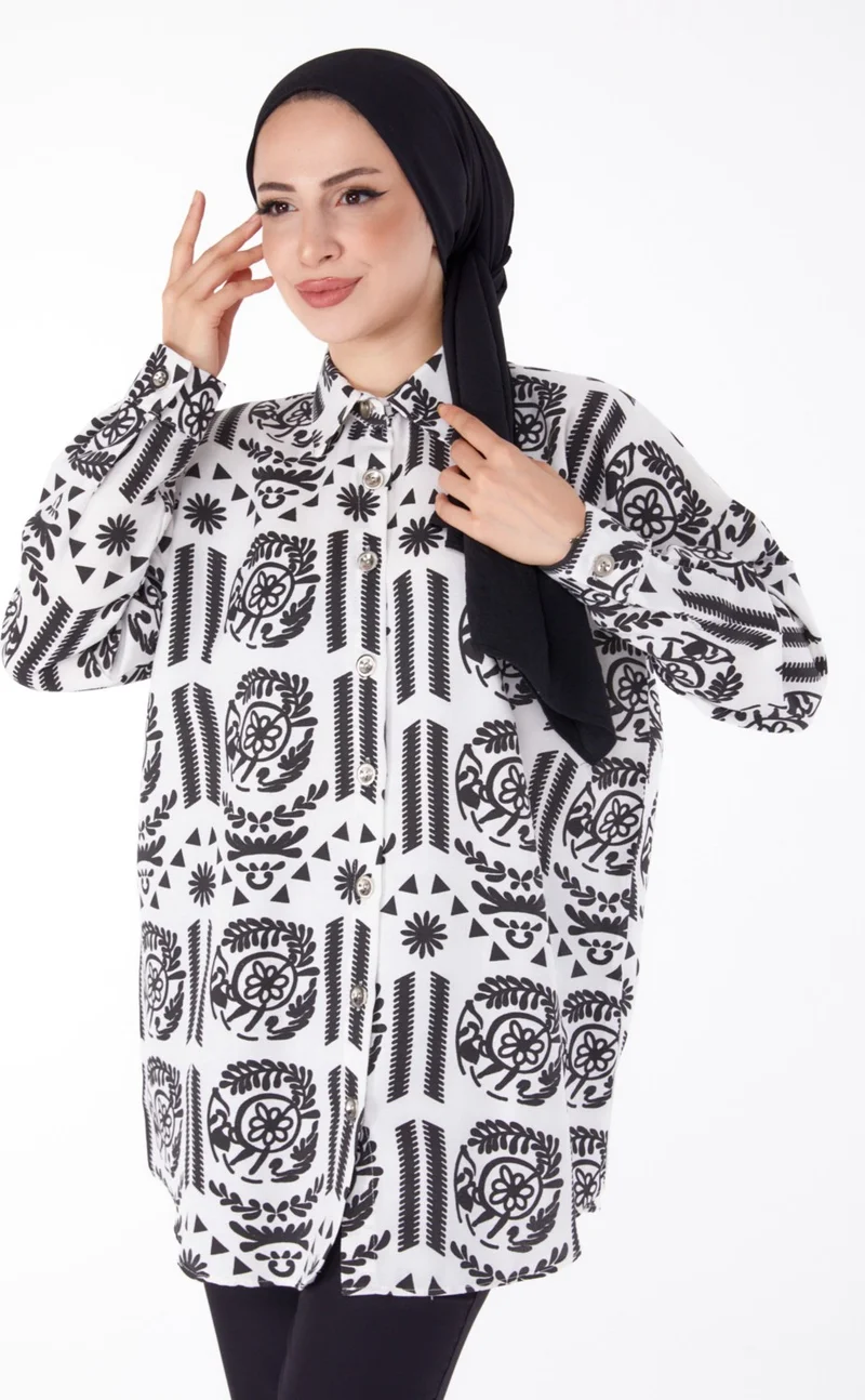 Tofisa Plain Shirt Collar Women's Black Patterned Tunic - 25613