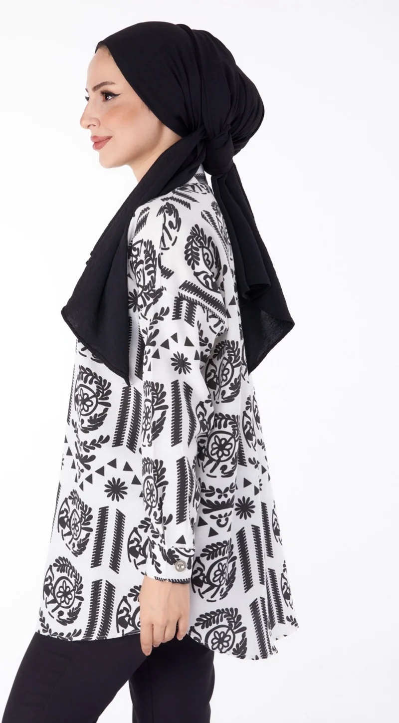 Tofisa Plain Shirt Collar Women's Black Patterned Tunic - 25613