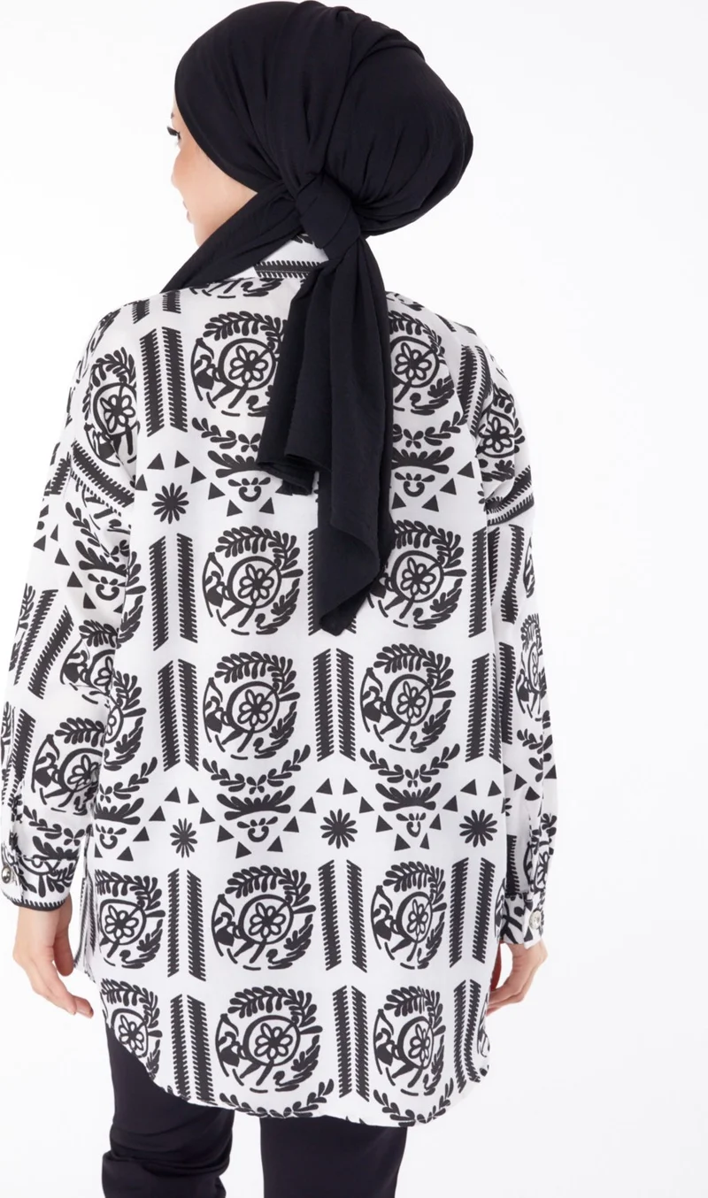 Tofisa Plain Shirt Collar Women's Black Patterned Tunic - 25613