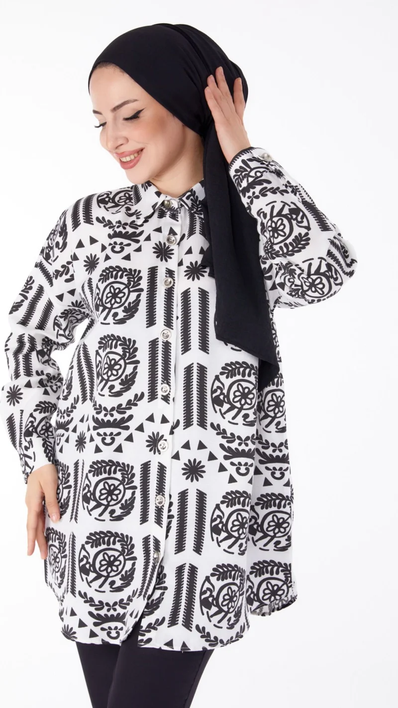 Tofisa Plain Shirt Collar Women's Black Patterned Tunic - 25613