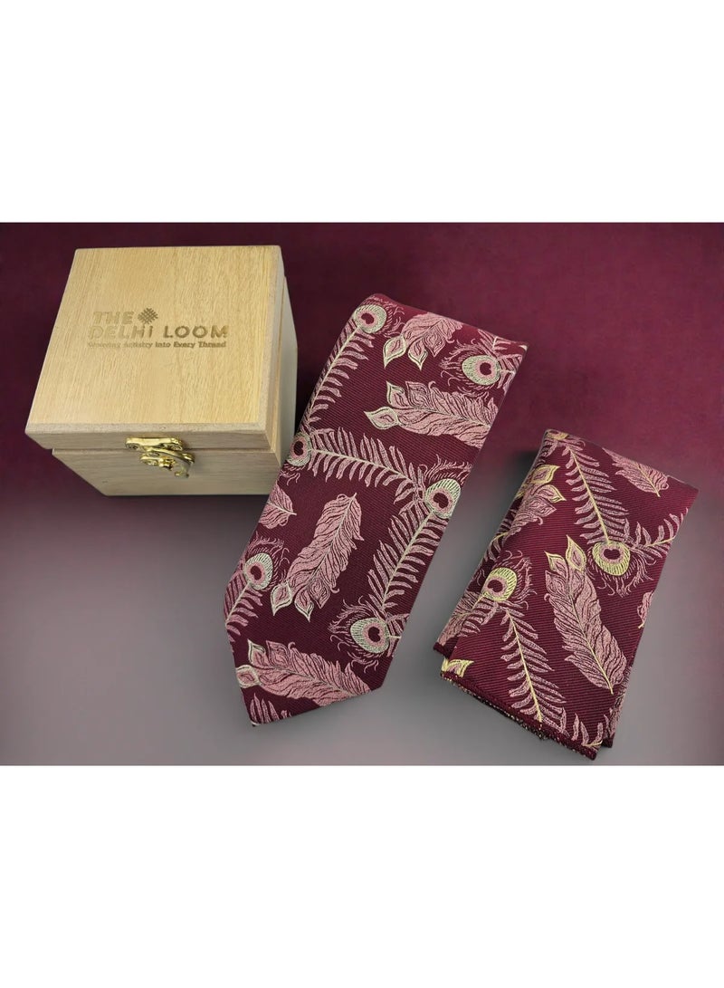 The Delhi Loom Store Men's Premium Maroon & Gold Paisley Tie Set with Wooden Box - Image 3