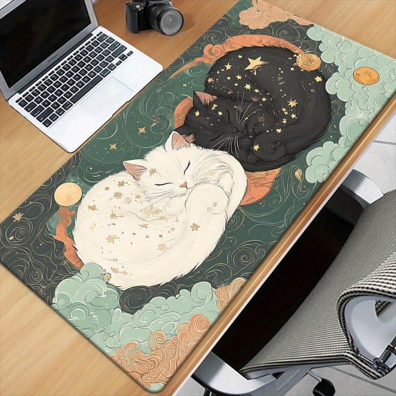 وسادة مكتب مانعة للانزلاق سميكة مقاس 100 سم × 40 سم بتصميم نجوم وقطط بيضاء وسوداء على خلفية خضراء، مناسبة لمكاتب الكمبيوتر المكتبية والألعاب - Image 2