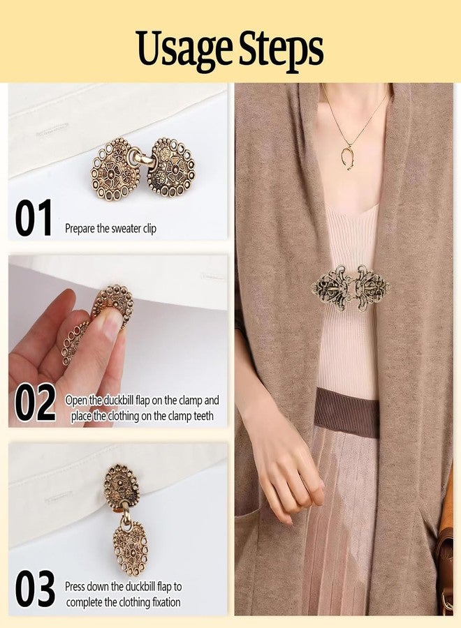 BharatBazaar 4PCS Cinch Clip for Shirt, Vintage Alloy Cardigan Clip Set, Elegant Hollow-Out Design Sweater Clips for Women and Dress Cinching, Antique Gold Finish, Waist Adjustable Clips for Women - Image 3