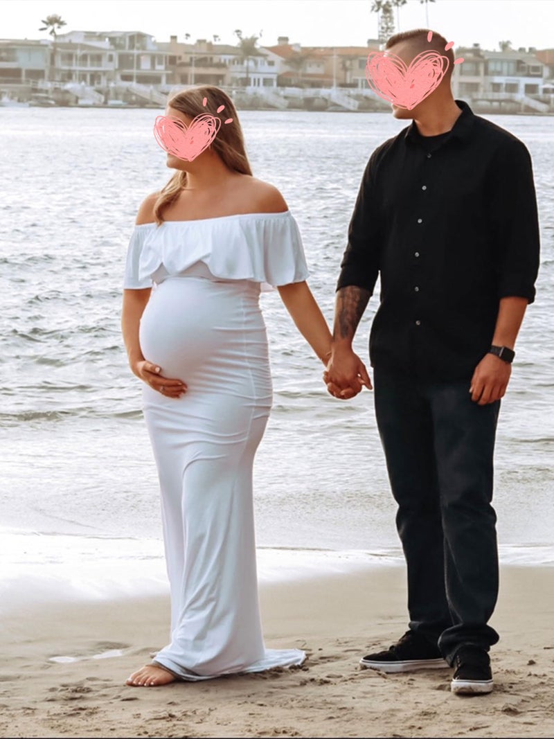 Glampunch Womens Off Shoulder Maternity Dress Ruffles Elegant Slim Gowns Fit Maxi Photography Dress White - Image 3