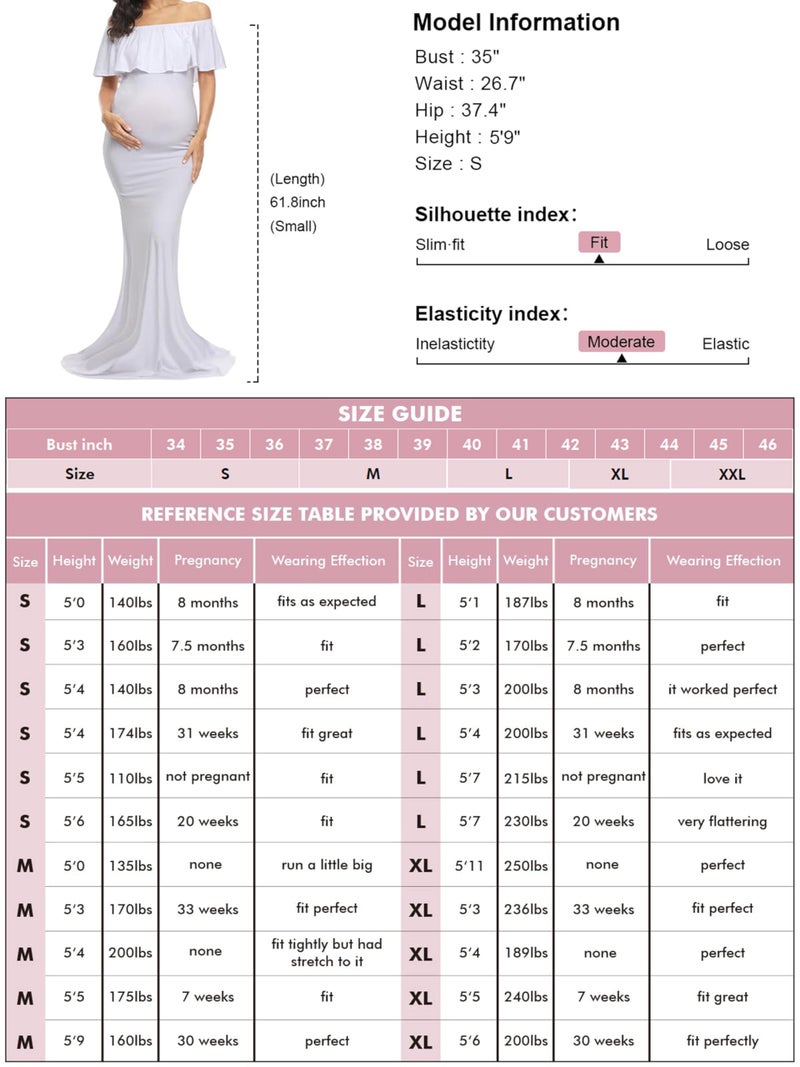 Glampunch Womens Off Shoulder Maternity Dress Ruffles Elegant Slim Gowns Fit Maxi Photography Dress White - Image 5