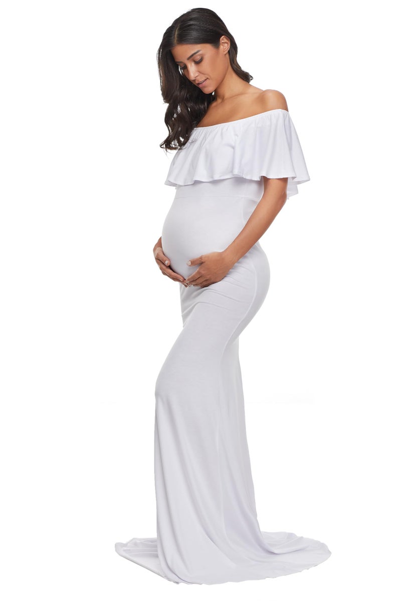 Glampunch Womens Off Shoulder Maternity Dress Ruffles Elegant Slim Gowns Fit Maxi Photography Dress White - Image 1