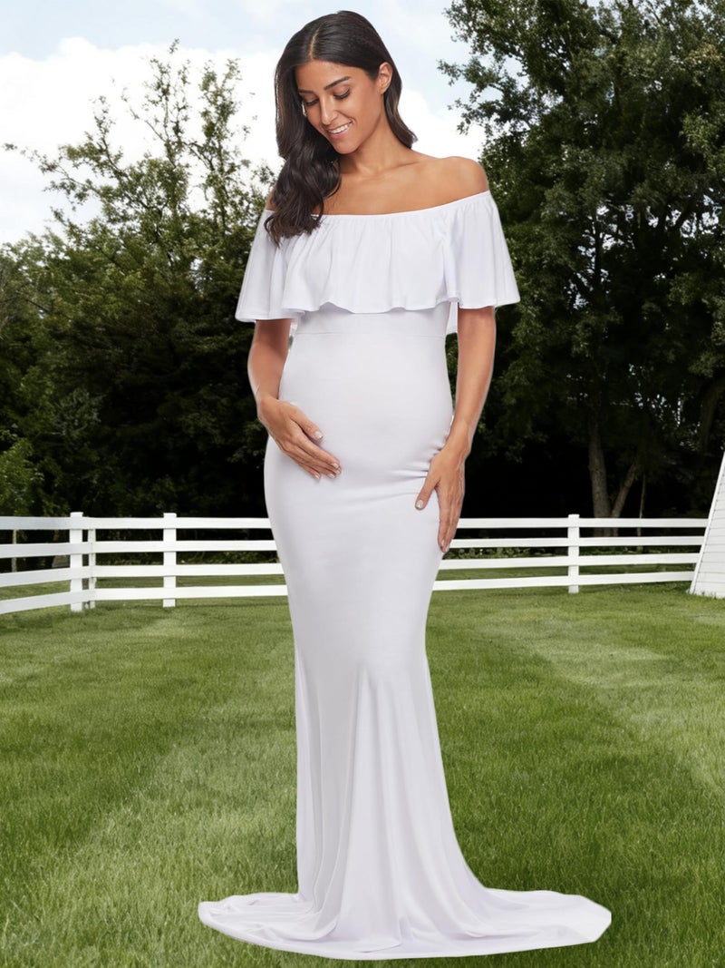 Glampunch Womens Off Shoulder Maternity Dress Ruffles Elegant Slim Gowns Fit Maxi Photography Dress White - Image 2
