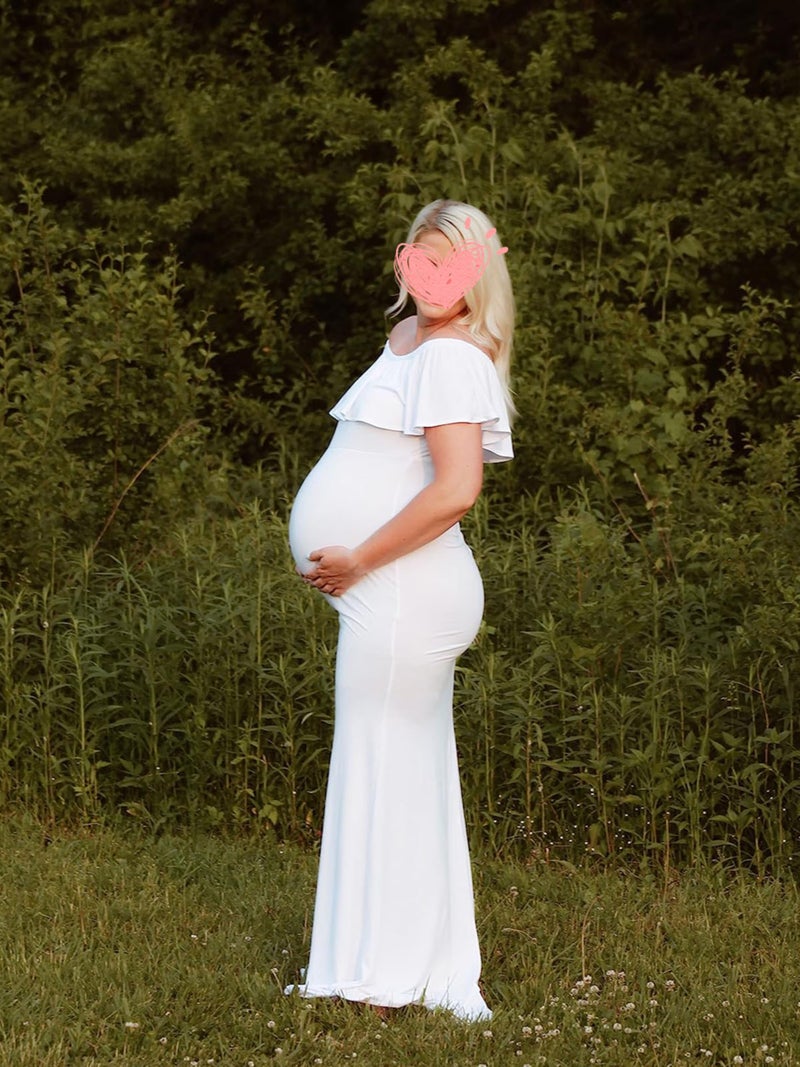 Glampunch Womens Off Shoulder Maternity Dress Ruffles Elegant Slim Gowns Fit Maxi Photography Dress White - Image 4