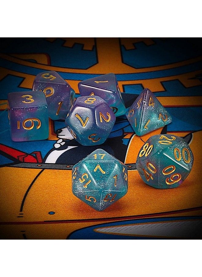 QMAY - Dnd Dice Set D&D Polyhedral Dice (7 Pcs) For Dungeons And Dragons (Purple Light Blue Glitter) - Image 1