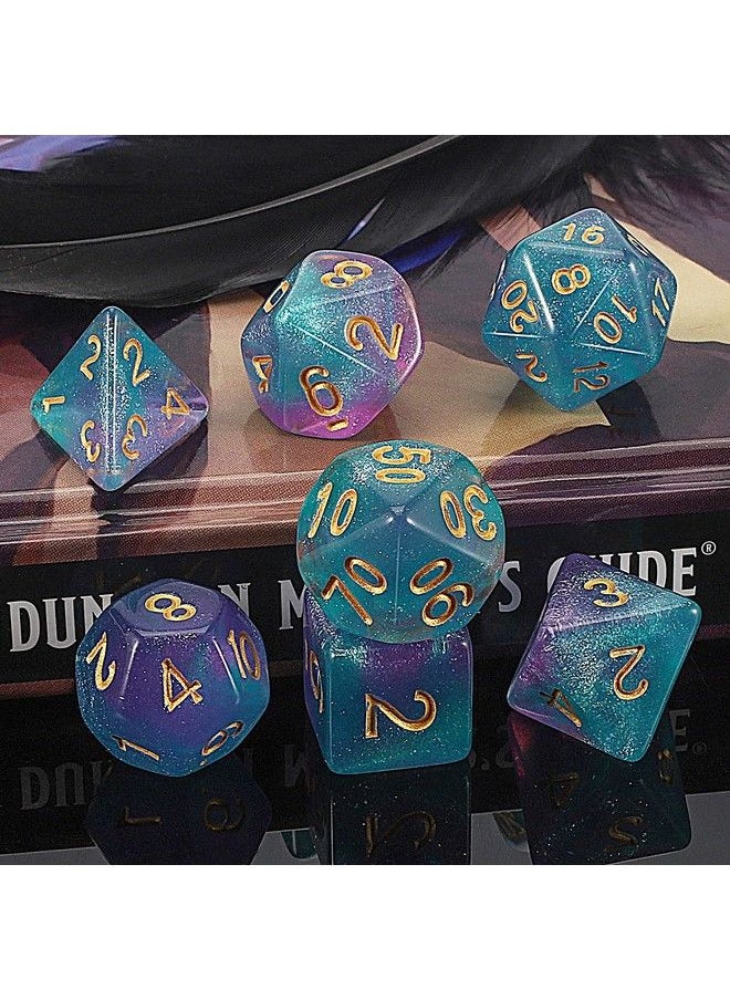QMAY - Dnd Dice Set D&D Polyhedral Dice (7 Pcs) For Dungeons And Dragons (Purple Light Blue Glitter) - Image 1