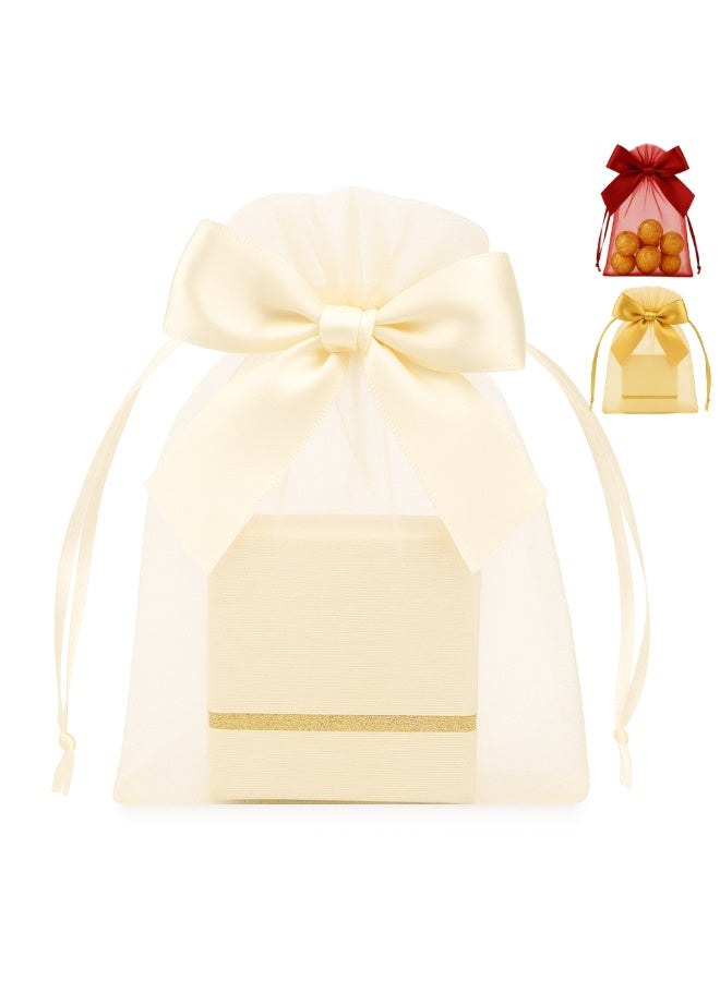 Zence Design 25pcs Cream Organza Gift Bags with Bow 10×15cm – Elegant Drawstring Pouches with Satin Bow for Weddings, Baby Showers & Eid Favors (Cream) - Image 1