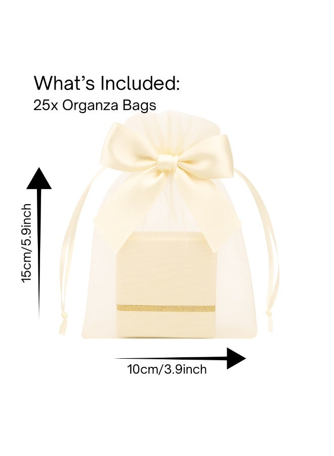 Zence Design 25pcs Cream Organza Gift Bags with Bow 10×15cm – Elegant Drawstring Pouches with Satin Bow for Weddings, Baby Showers & Eid Favors (Cream) - Image 3