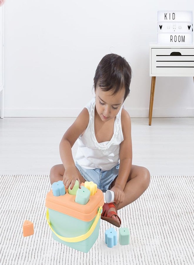 DOLU: Shape Sorter - Bucket - 7pc Sort & Play Toy, 5 Shape Blocks & Matching Cutouts, Lid Storage Carry Tote, Soft Pastel Colors, Kid & Toddlers 12mo+ - Image 4