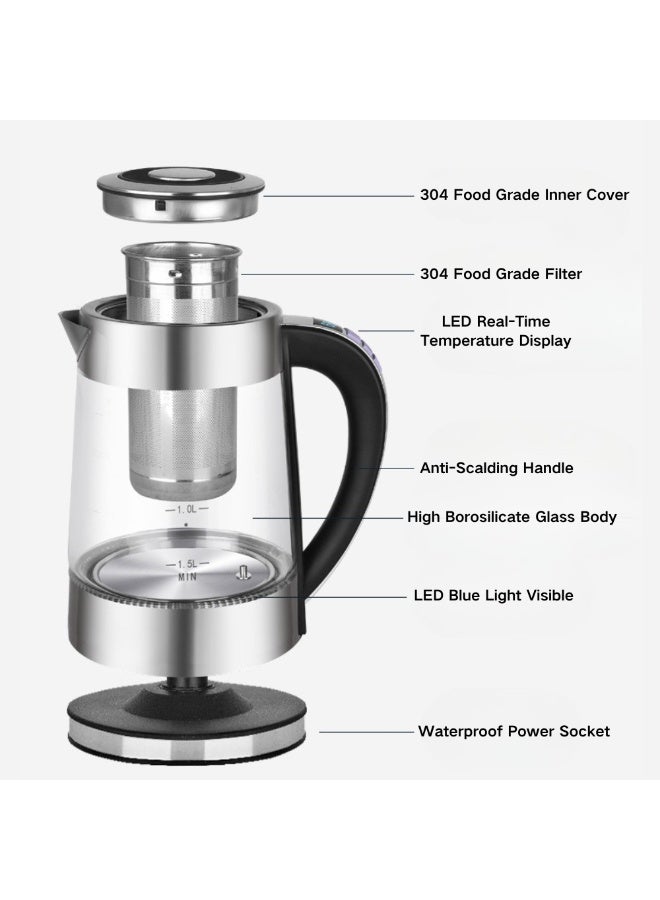 McDou 1.8 Liter Glass Electric Kettle, Smart Temperature Control Electric Tea Kettle with Stainless Steel Filter-Auto Power Off&Keep Warm&LED Temperature Display&Water Level Display  - Image 3