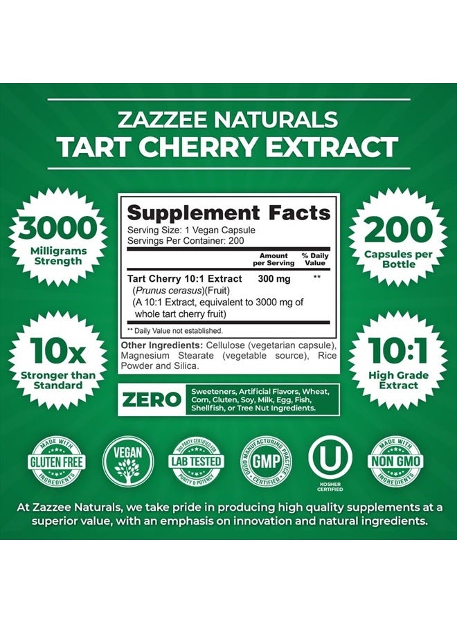 Zazzee Tart Cherry 10:1 Extract, 3000 mg Strength, 200 Vegan Capsules, 6+ Month Supply, Certified Kosher, Concentrated and Standardized 10X Extract, 100% Vegetarian, All-Natural, Gluten Free, Non-GMO  - Image 3