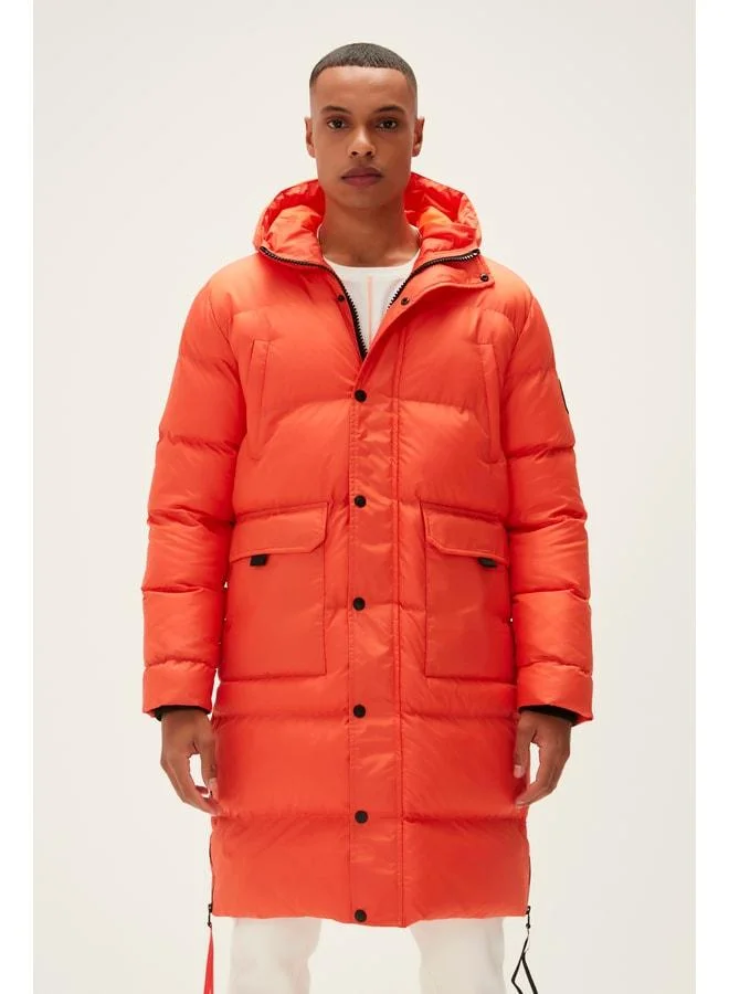 Bad Bear Goose Tail Puffer Orange Men's Hooded Long Coat.