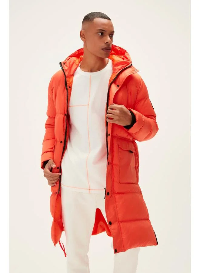Bad Bear Goose Tail Puffer Orange Men's Hooded Long Coat.