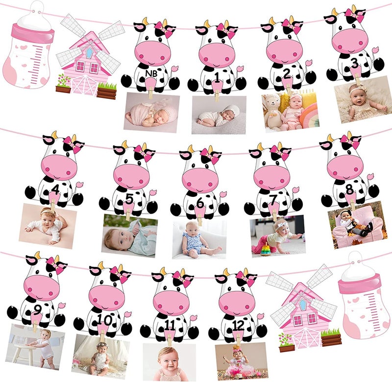 Festiko®Holy Cow First Birthday Party Decoration for Girls Pink Cow Theme 1st Birthday Photo Banner for Newborn to 12 Months for Baby Girls Farm Theme 1st Birthday Party Supplies - Image 1
