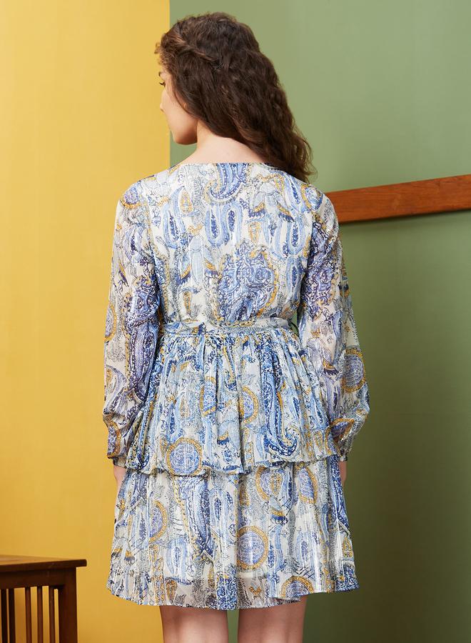 globus Women Blue Paisley Print V Neck Layered A-Line Mini Dress - Image 3