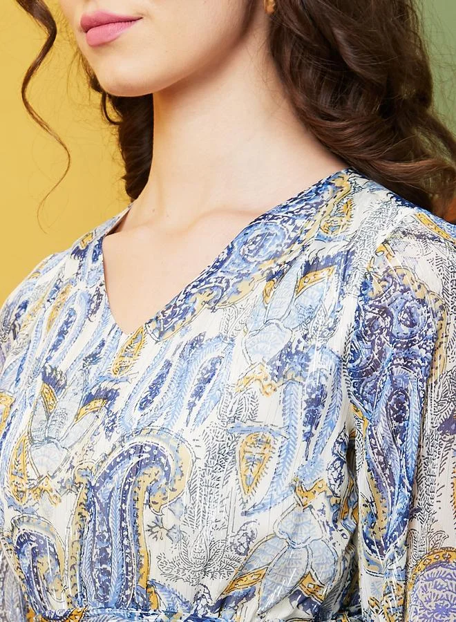 globus Women Blue Paisley Print V Neck Layered A-Line Mini Dress