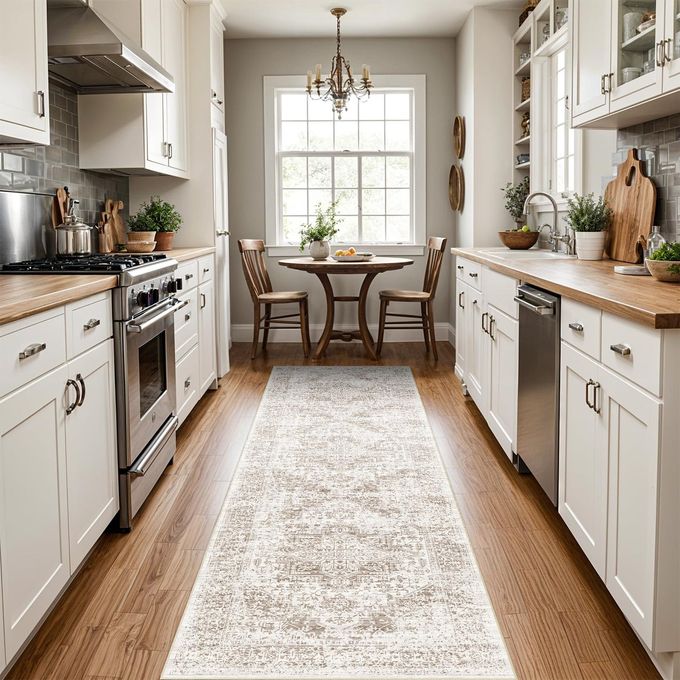WASHABLE 26X8 RUNNER RUG NONSLIP VINTAGE RUNNER RUG FOR ENTRYWAY LOWPILE MEDALLION LONG RUGS FOR HALLWAY WATERPROOF TRADITIONAL INDOOR THIN RUG FOR KITCHEN CREAMBEIGE