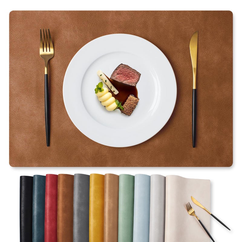 MOSAYT Vinyl Placemats Set of 6-12 X 17 Inch - Faux Leather 100% Waterproof Oil-Proof Wipeable PU Place Mats, Heat Resistant Reversible Table Mats for Kitchen, Dining, Outdoor (Reddish Brown) - Image 1