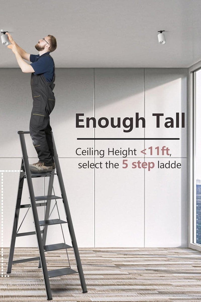Decorhills 5 Step Ladder Folding Step with Ergonomic Heightened Handgrip for Most Home-Maintenance, Heavy Duty 330 Lbs Load Stepladder, Small Kitchen Closet Ladder, Lightweight Step Ladder Anti-Slip Wide Pedal - Image 3