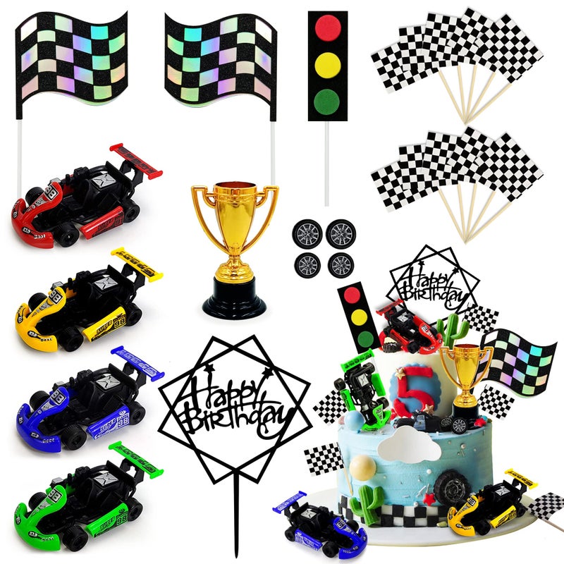 Racing Car Cake Decoration Car Cake Topper Happy birthday Card Inserted for Kids Racing Theme Birthday Supplies Cars Party Favors