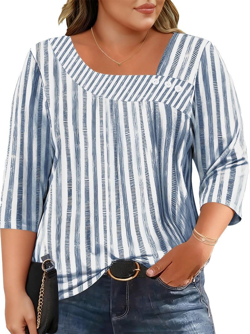 LOMON Plus Size Womens Clothing Ladies 3/4 Sleeve Tops for Women Fashion 2026 Trendy Cotton Shirts Summer Clothes XXL - Image 1