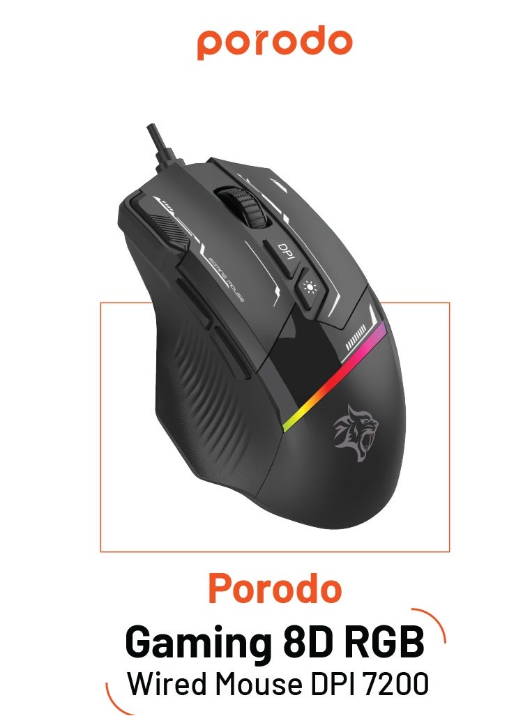 porodo 8D RGB Wired Mouse DPI 7200 Porodo Gaming PDX321 - Black  - Image 3