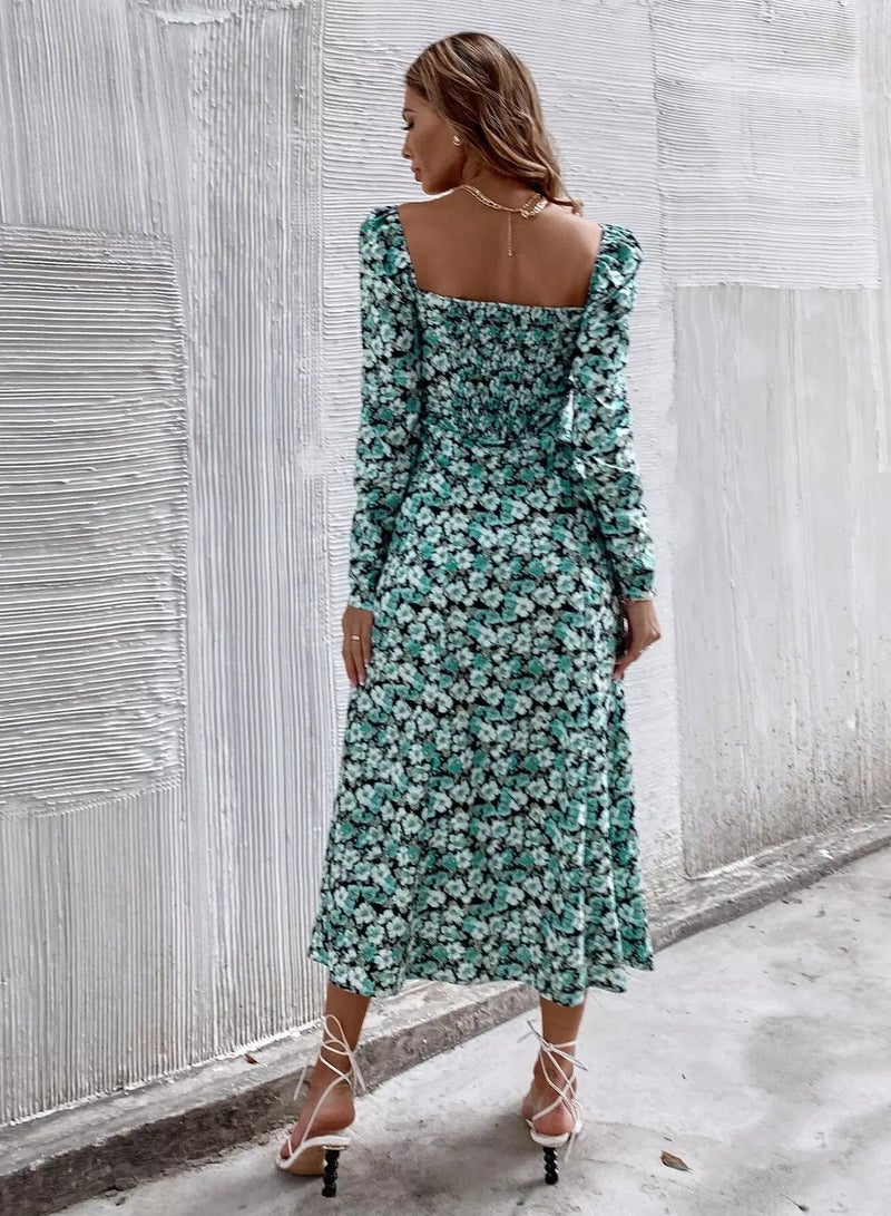 All Over Floral Print Sweetheart Neck Split Thigh Dress  - Image 2