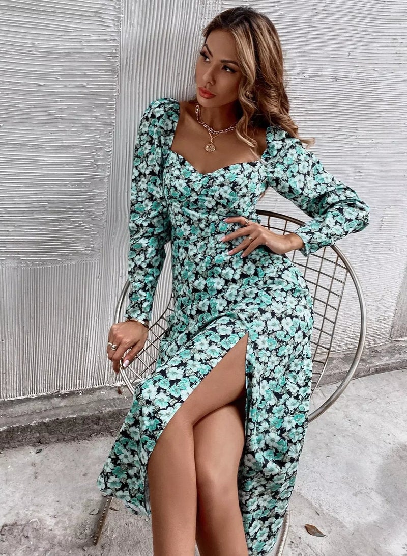 All Over Floral Print Sweetheart Neck Split Thigh Dress  - Image 4