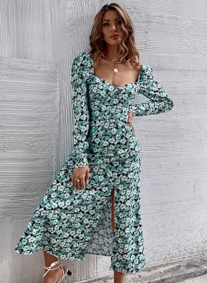 All Over Floral Print Sweetheart Neck Split Thigh Dress  - Image 3