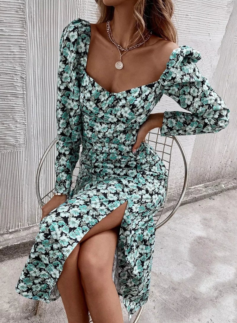 All Over Floral Print Sweetheart Neck Split Thigh Dress  - Image 1