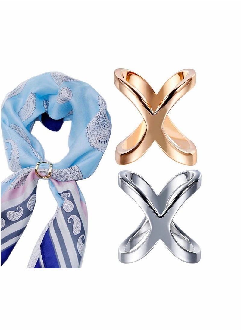 Excefore - Fashion Scarf Ring Buckle Simple Modern Scarf X Shaped Clamp Clasp Clips Clothing Wrap Holder Decoration Accessories for Neckerchief Shawl (Gold+Silver) 2Pcs - Image 1