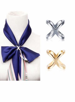 Fashion Scarf Ring Buckle Simple Modern Scarf X Shaped Clamp Clasp Clips Clothing Wrap Holder Decoration Accessories for Neckerchief Shawl (Gold+Silver) 2Pcs