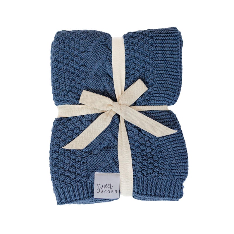 Sweet Acorn Knit Baby Blanket in Cable Pattern Organic Cotton Blankets for Crib or Stroller Receiving Blankets  Bay Blue