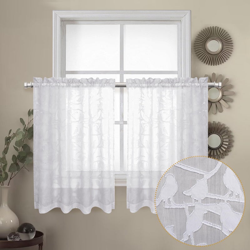 OVZME Anji Textured White Kitchen Sheer Curtain Tiers 36 inch Length 2 Panels Set  Elegant Farmhouse Short Sheer Curtains for Small Windows/Bathroom/Cafe/Living Room  Dual Rod Pocket  W38 x L36 Inch - Image 1