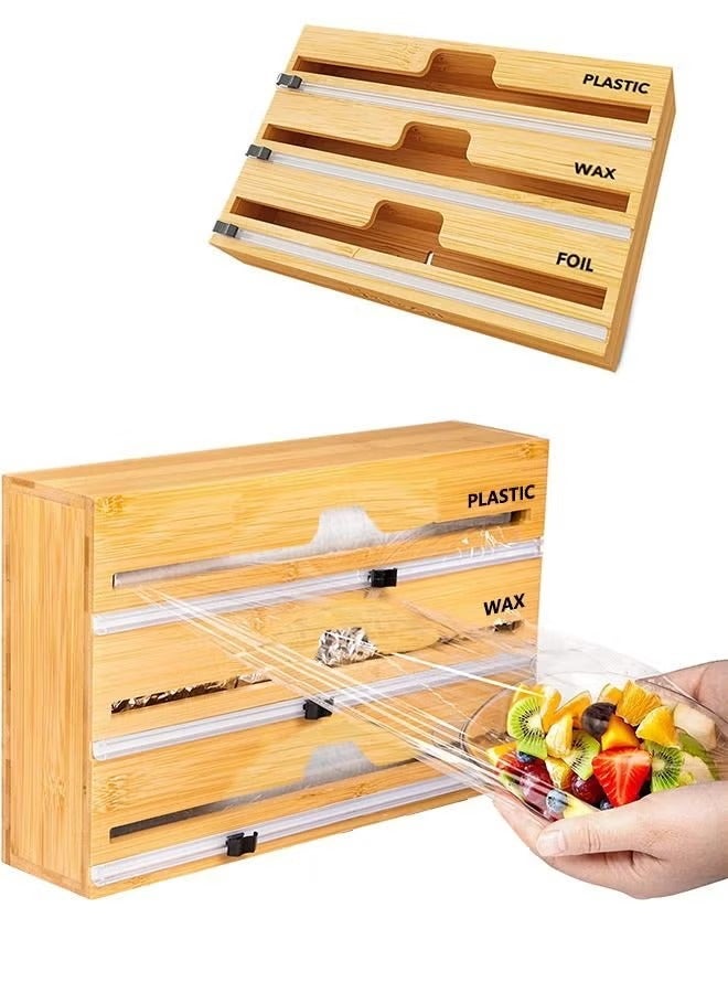3 in 1 Wrap Organizer with Cutter and Labels Plastic Wrap Aluminum Foil and Wax Paper Bamboo Dispenser for Kitchen Storage Organization Holder - Image 1